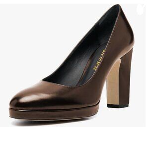 miss left Brown Low Platform Chunky High Heels Slip On Round Toe Elegant Pump